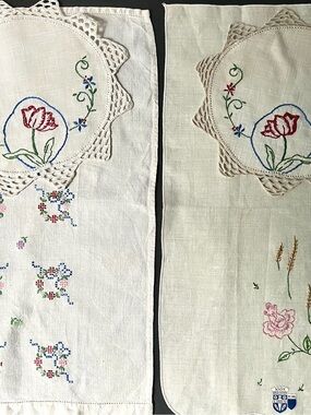 Hand Embroidered Linen Runner Pair with Floral Motifs - Cream and White